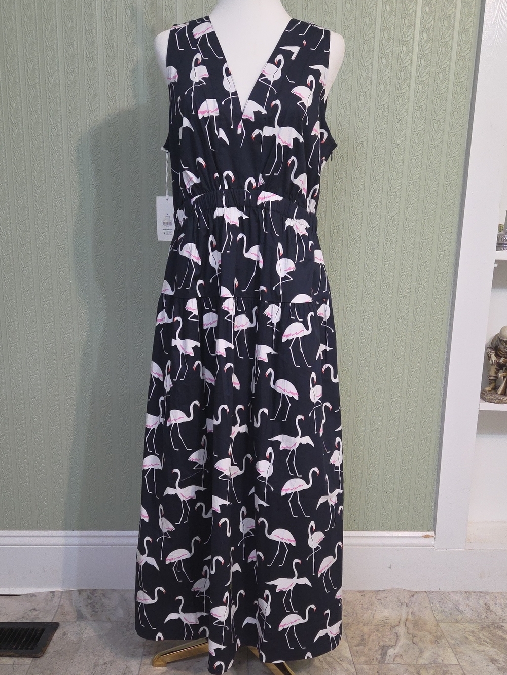 Women Black Dress with Pink Flamingo Print V Neck Maxi Summer Fun Feminine